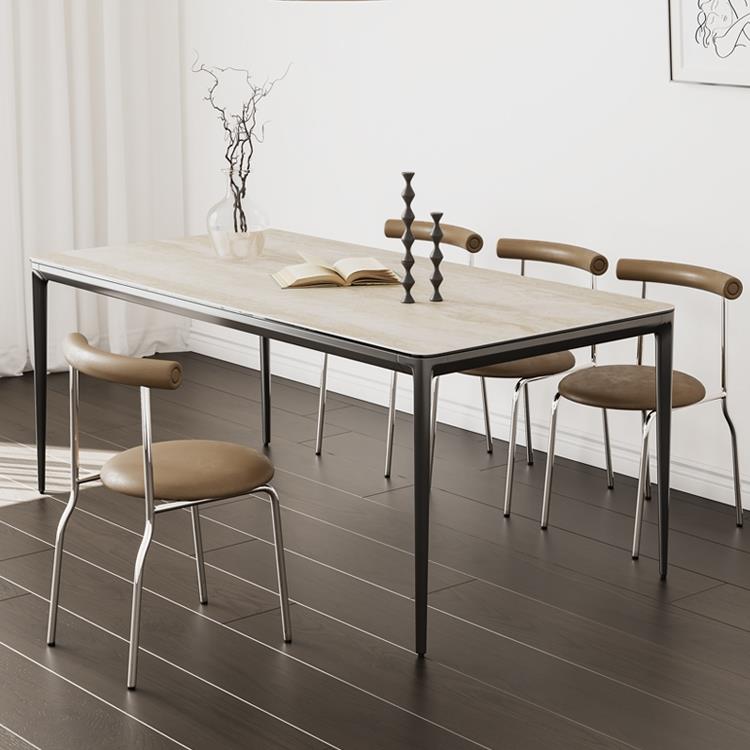 法式复古风进口洞石岩板餐桌现代极简小户型饭桌长方形铝合金桌子