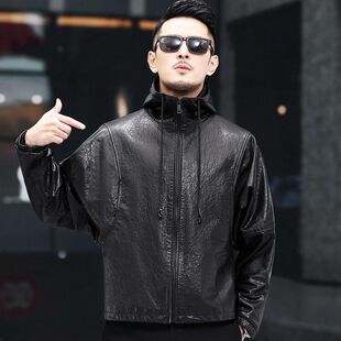 海宁带帽皮夹克卫衣男青年宽松短款连帽外套真皮皮衣2026秋冬新款