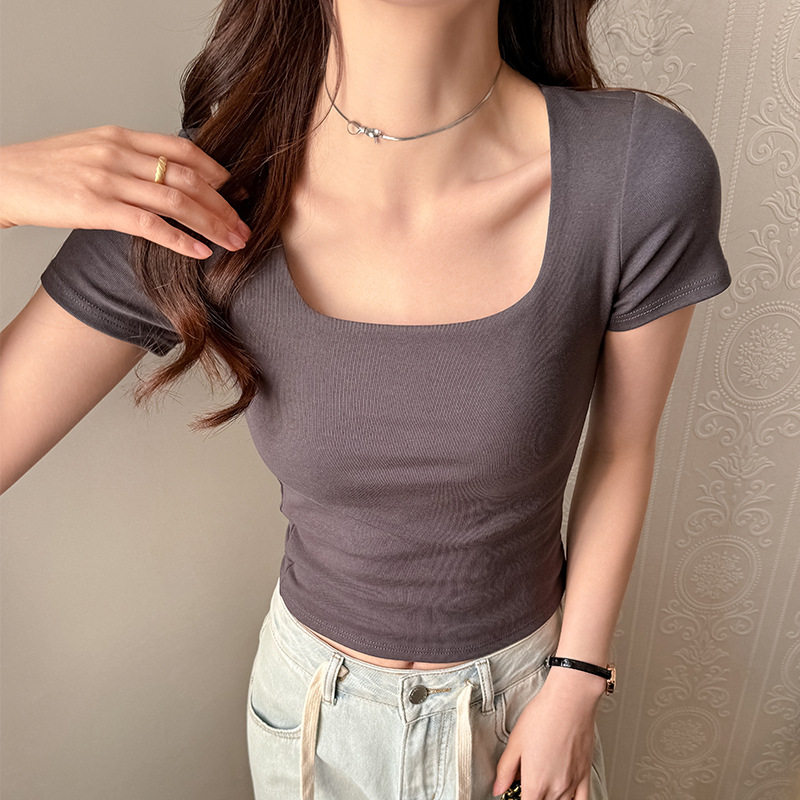 w方领纯棉短袖t恤女夏季辣妹修身显瘦正肩纯色感韩系打底衫