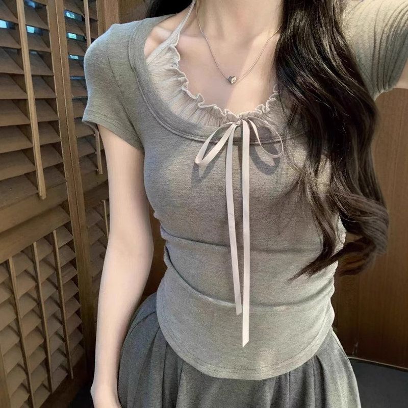 木耳边女褶皱夏季T恤设计感法式纯欲上衣短袖挂脖假两件拼接修身