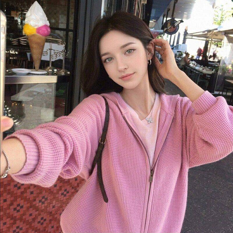 LEKA韩系慵懒风华夫格连帽拉链针织毛衣开衫女装秋季新款外套上衣