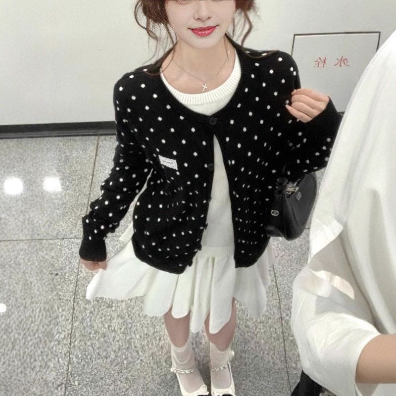 圆领波点黑色初秋2025假两件早秋针织小个子开衫毛衣外套新款女秋
