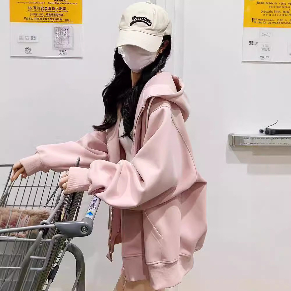连帽外套女早秋季新款可爱小个子韩系慵懒风开衫宽松卫衣上衣