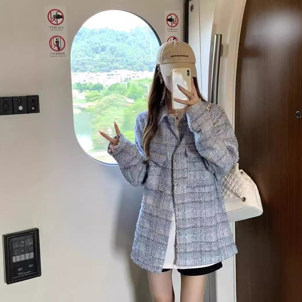 蓝色格子衬衫小香风外套女秋季新款气质韩版简约休闲宽松开衫