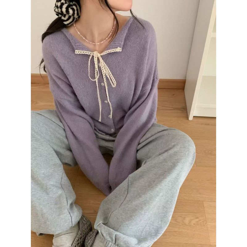 针织毛衣百搭蕾丝女秋新款糯系带软开衫小外套韩系翻领纯色KANING