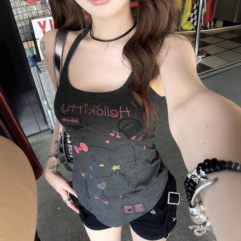 设计夏季短款新款撞色涂鸦卡通背心女显瘦吊带背心印花修身女上衣