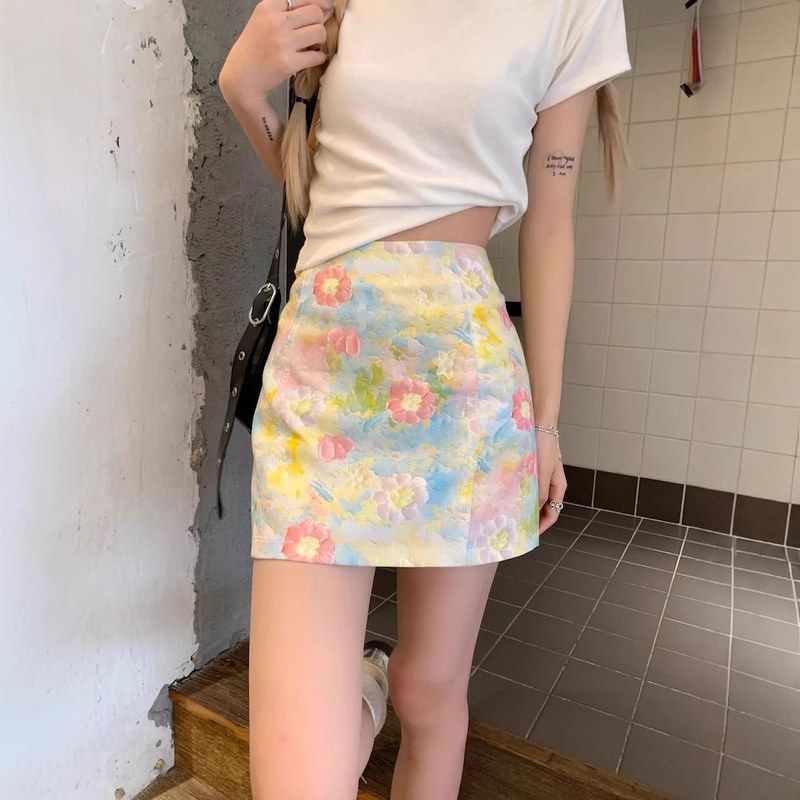 裙百搭女短裙小显瘦包臀夏季高腰小众字裙A油画裙别致碎花半身裙
