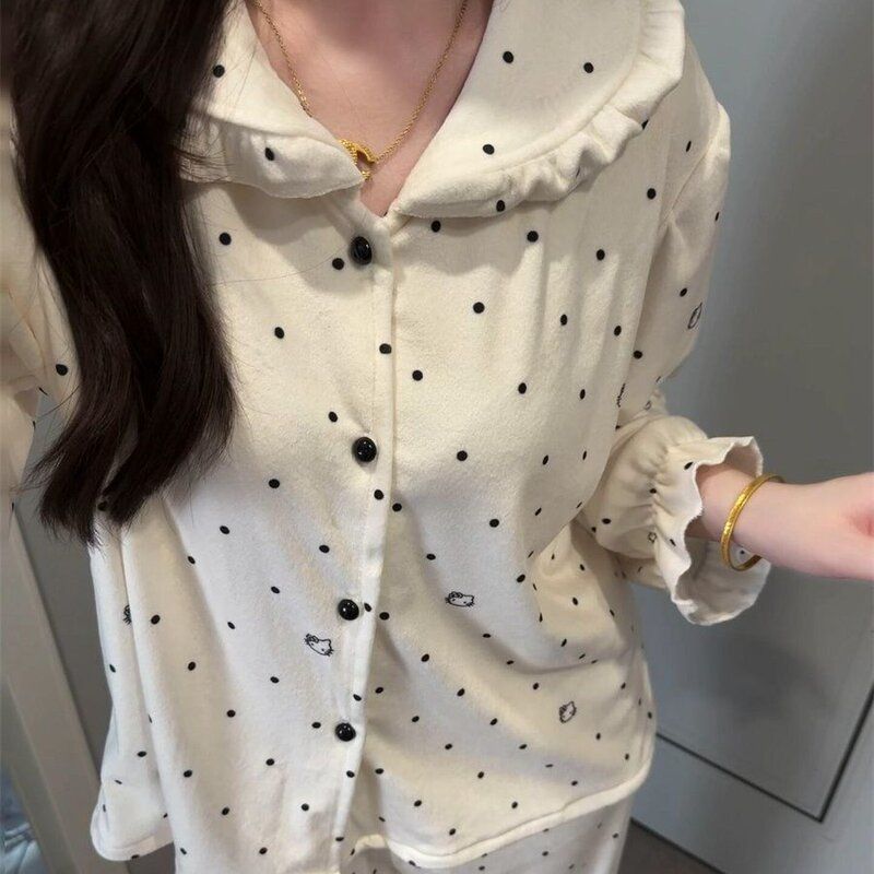 德绒秋冬季女卡通保暖少女宿舍凯蒂猫加厚睡衣波点甜美家居服套装