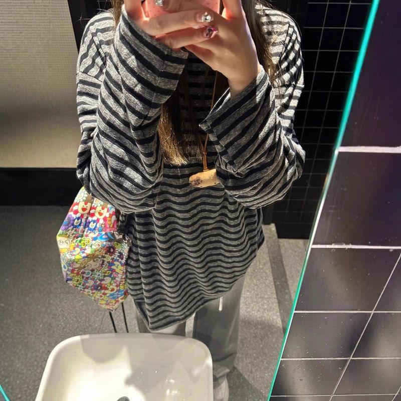 中长款圆领打底上衣长袖2026撞色女新款条纹ins小众简约通勤T恤