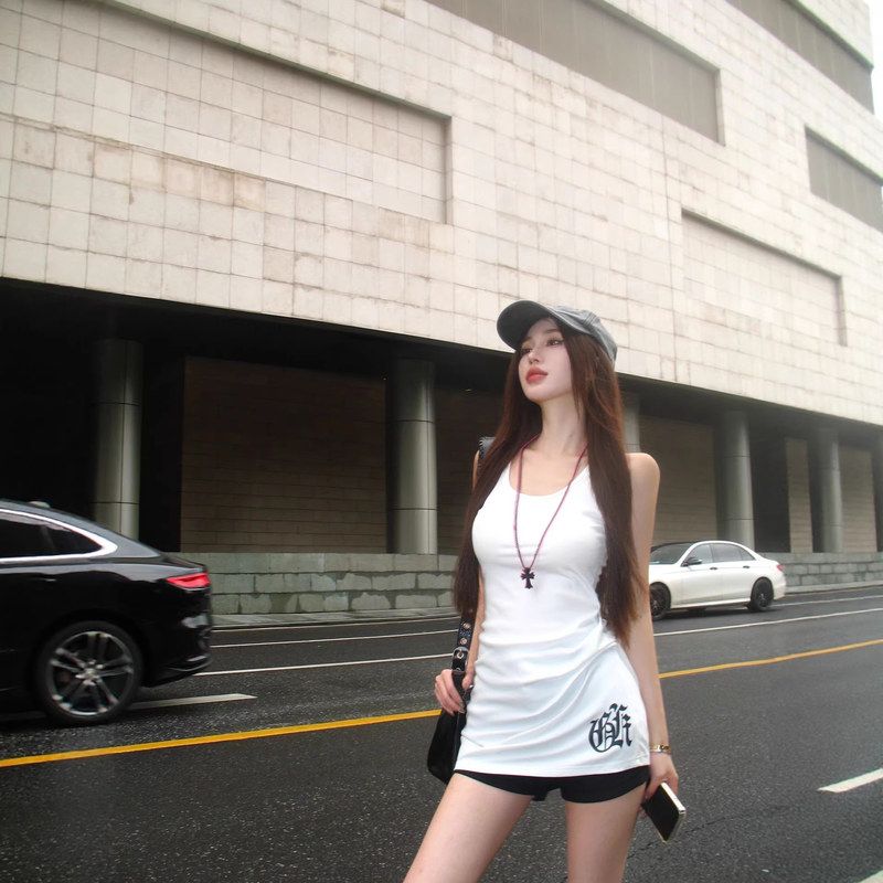 美式打底衫中长款吊带辣妹白色印花上衣搭背心高街修身无袖内女