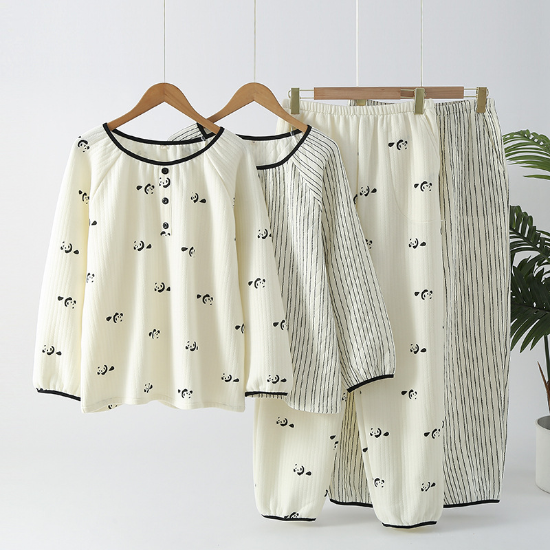 日本品质空气棉女士秋冬纯棉夹棉保暖圆领长袖长裤睡衣家居服套装