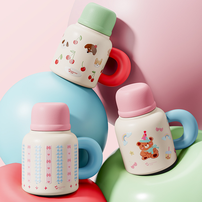 日本品质创意儿童保温杯高颜值大容量办公室水杯带手柄便携吸管可