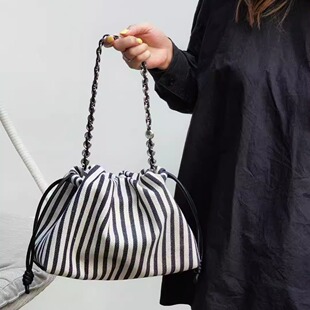 TBCB[34]新款条纹帆布云朵包时尚百搭女士褶皱单肩斜挎福袋链条包