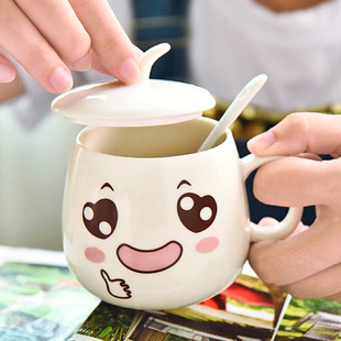 陶瓷马克杯带盖勺潮流情侣喝水杯家用咖啡杯男女茶杯 创意个性