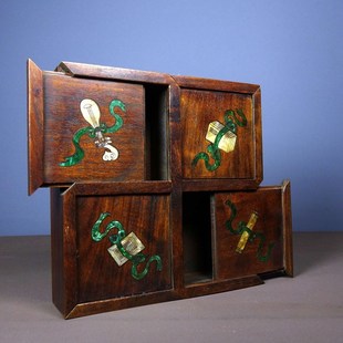 古玩古董收藏花梨木n镶嵌贝壳四开盒首饰盒储物盒家居梳妆台摆件