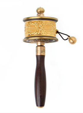 慧宝精工铜制转j经简手摇金转筒檀木手柄桌面摆件藏族转金桶小号