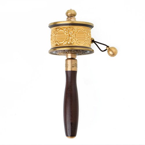 慧宝精工铜制转j经简手摇金转筒檀木手柄桌面摆件藏族转金桶小号