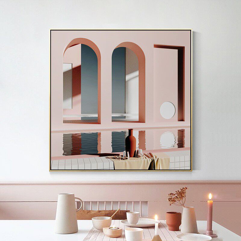 网红创意北欧建筑k挂画摄影装饰画莫兰迪色壁画正方形餐厅背景墙
