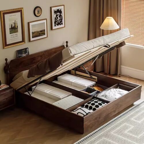 北美黑胡桃全实木高箱床1.5米1.8气压悬浮储物床樱桃木中古风