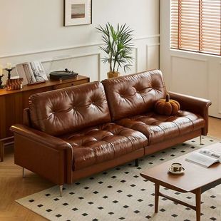 轻奢复古油蜡皮星云沙发中古风深黑色客厅小户型三人直排懒人沙发