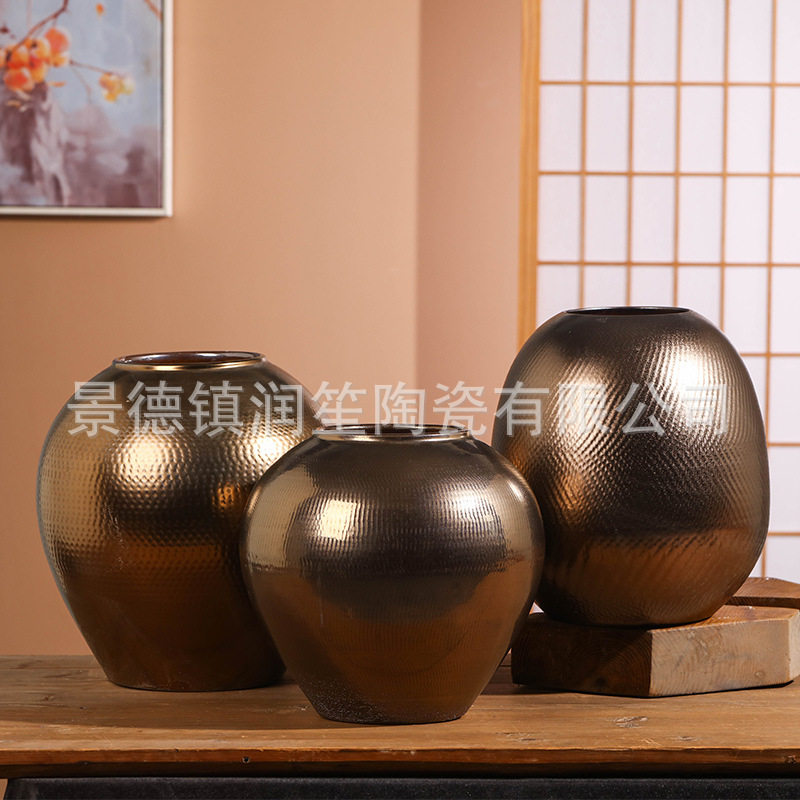 ins北欧花瓶插花器黄铜金色陶瓷花瓶摆件样板房装饰品软装摆件