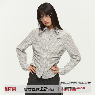 衬衣春 女纯棉透气修身 江南先生NewJNXS褶皱收腰复古格子长袖 衬衫