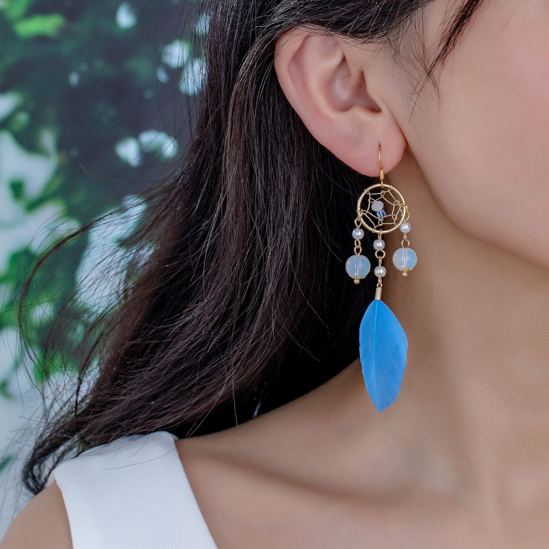 民族风捕梦网耳环女蓝色羽毛流苏长款设计师款复古耳饰