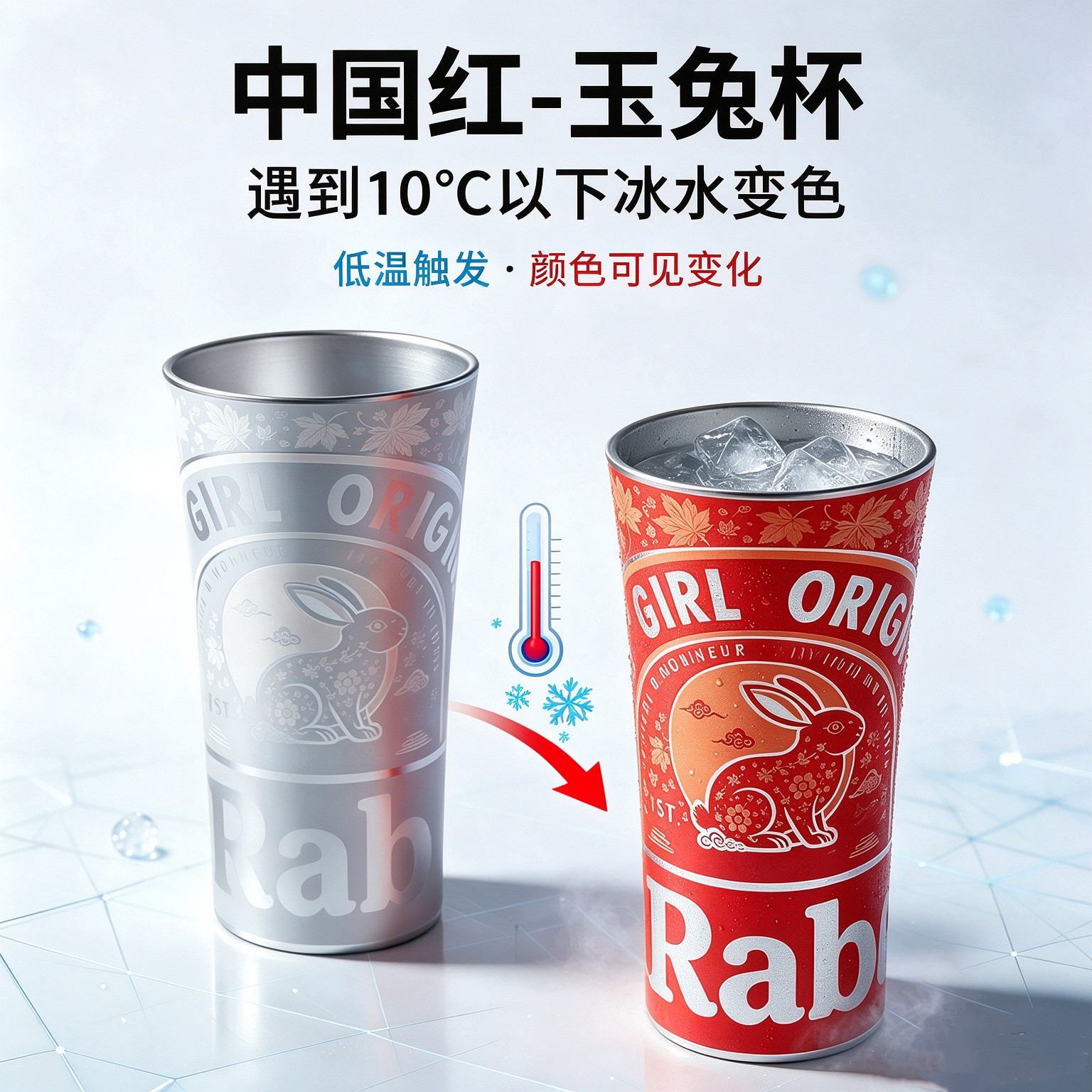 网红推荐 高颜值 冷感变色杯 中国红-玉兔杯 喜力变色杯 350ml