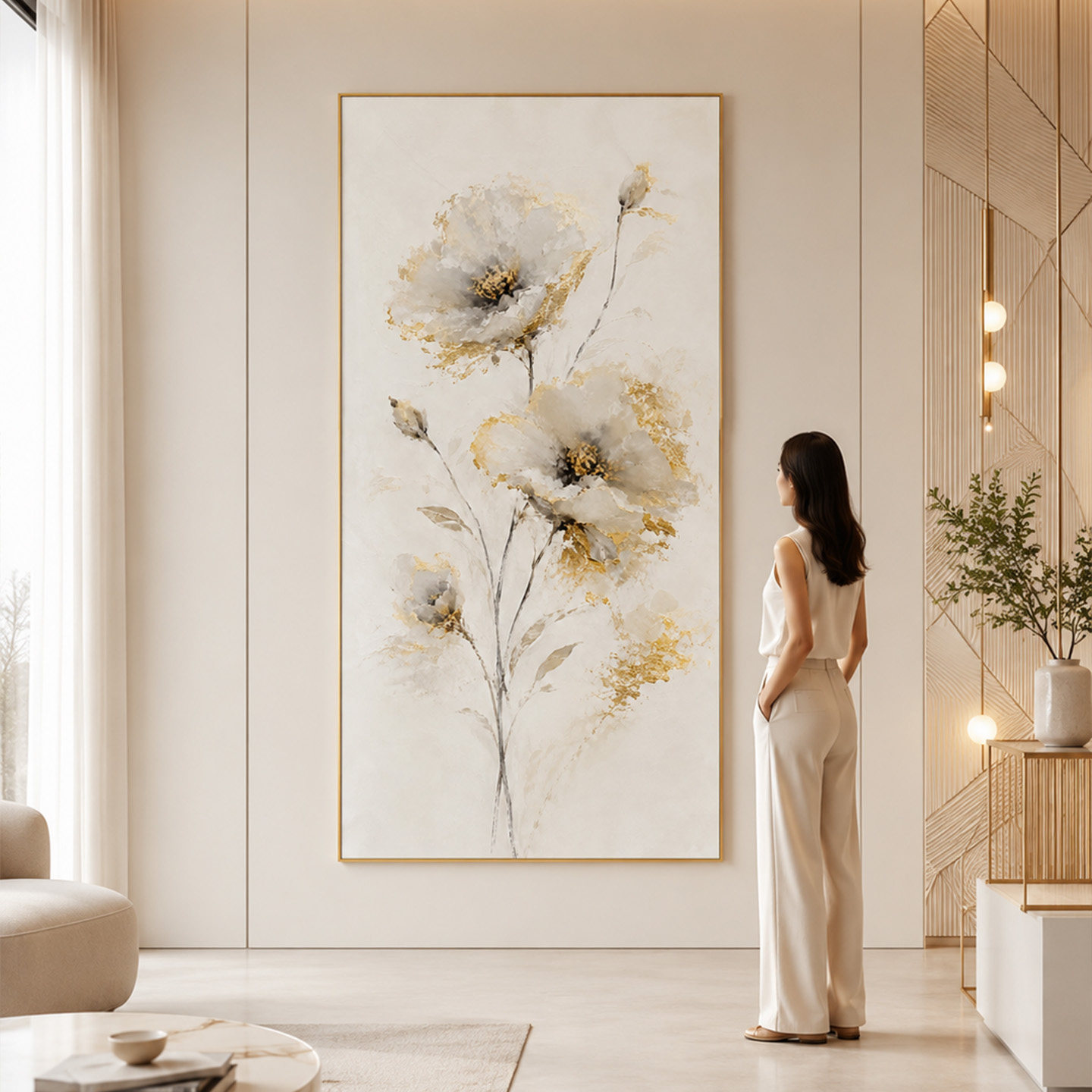 大芬村手绘鎏金白花肌理油画