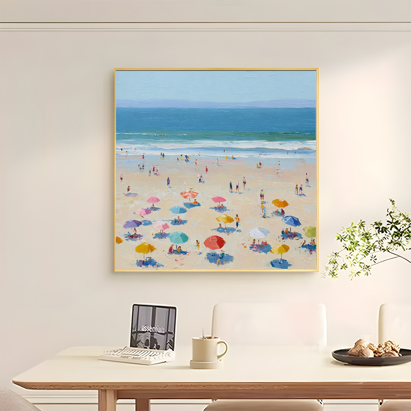 大芬手绘油画现代简约海滩风景油画客厅餐厅装饰画清新治愈系挂画