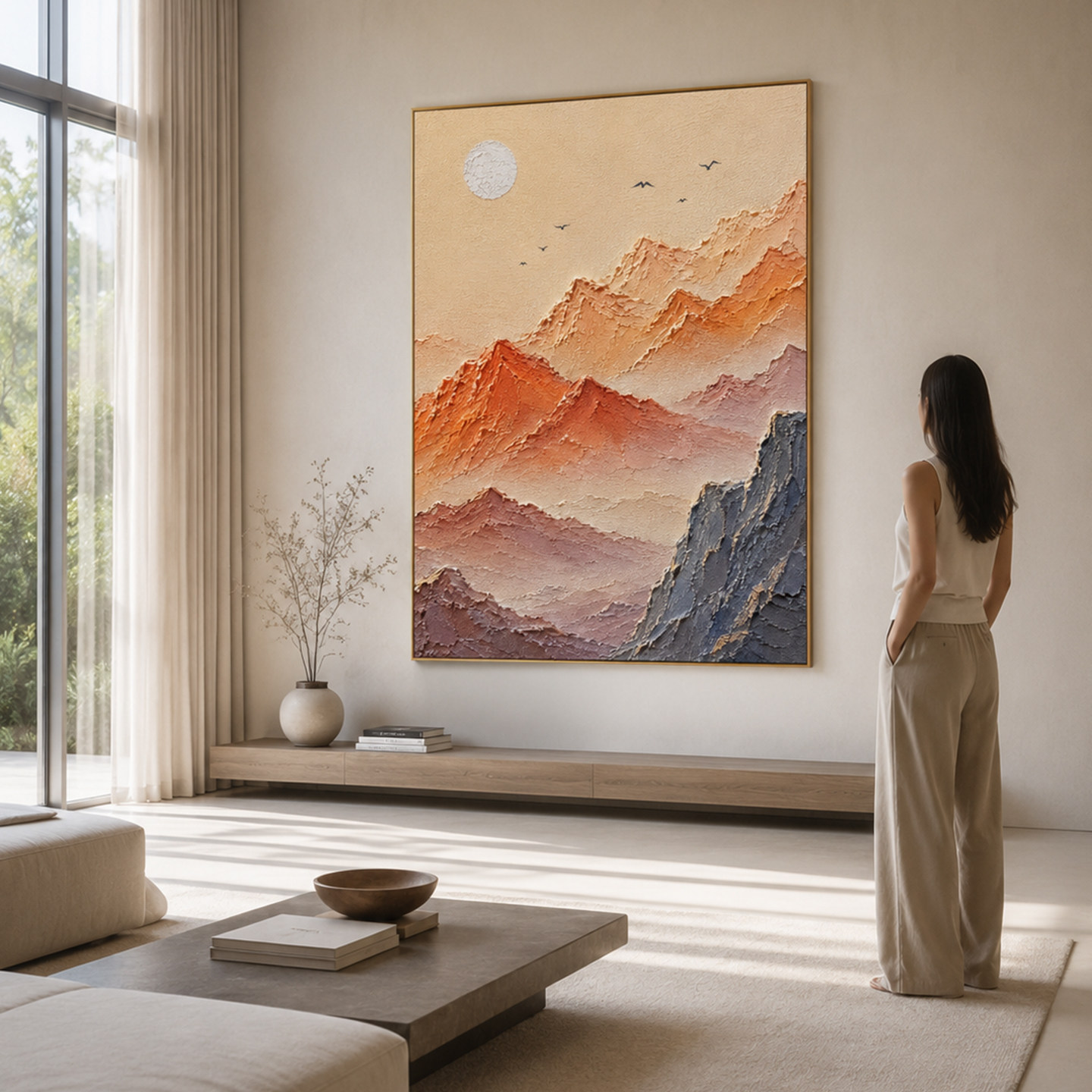 大芬村手绘赤红山岭飞鸿山水油画