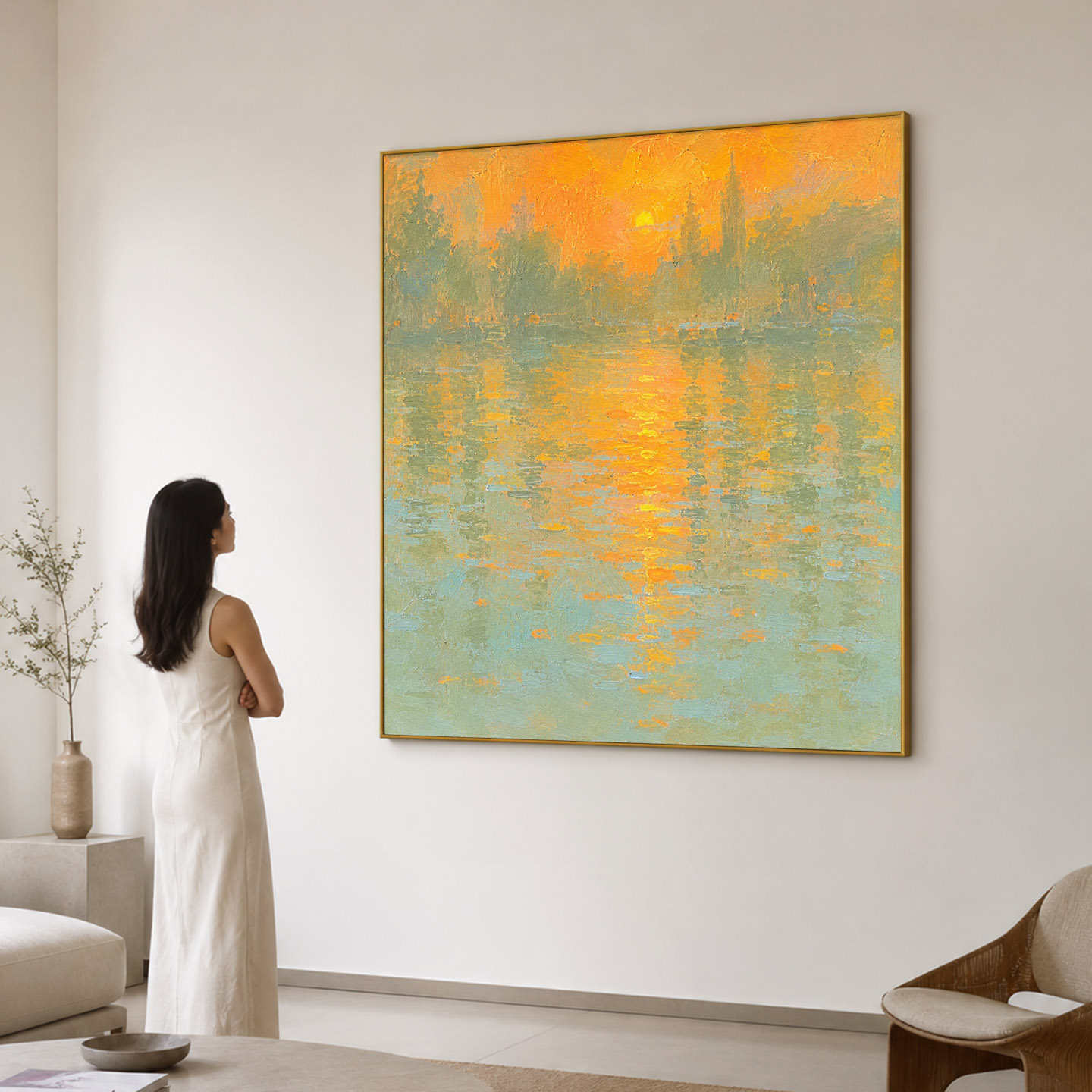 大芬村手绘厚涂熔金湖面油画