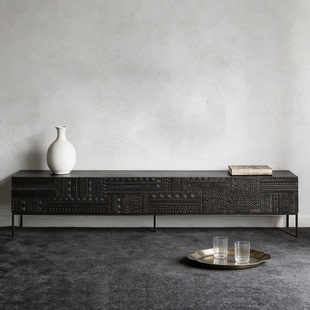 北欧老钱风/北欧表情电视柜复古侘寂风边柜东南亚柚木手工雕花柜