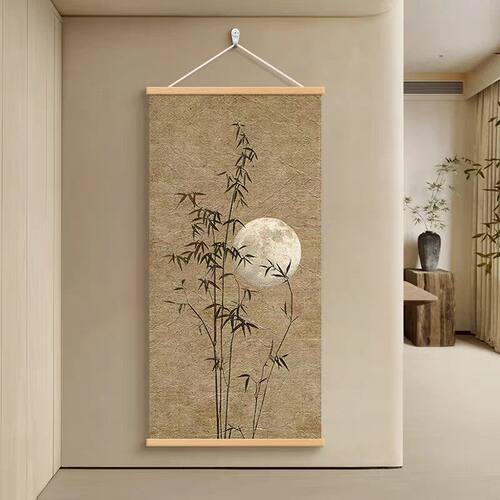 茶室书房卧室卷轴新中式国风皓月绿植宋代美学意境古风装饰挂画
