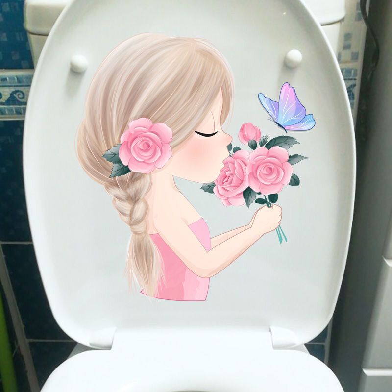 浴室防水马桶贴画创意手绘粉衣女孩墙体装饰贴纸