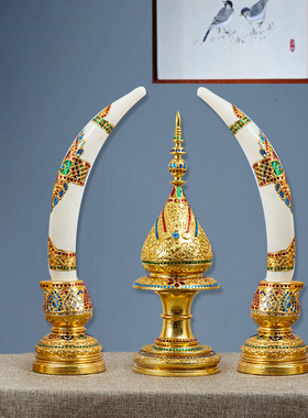 泰国实木雕刻象牙摆m件泰式风情酒店会所家居客厅装饰玄关金箔摆