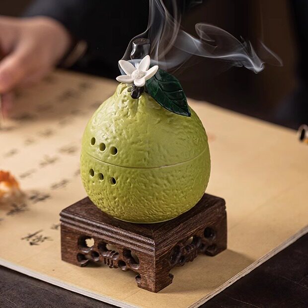 新中式创意可定制家用室内茶道高级感盘香陶瓷水果摆件橘色香薰炉
