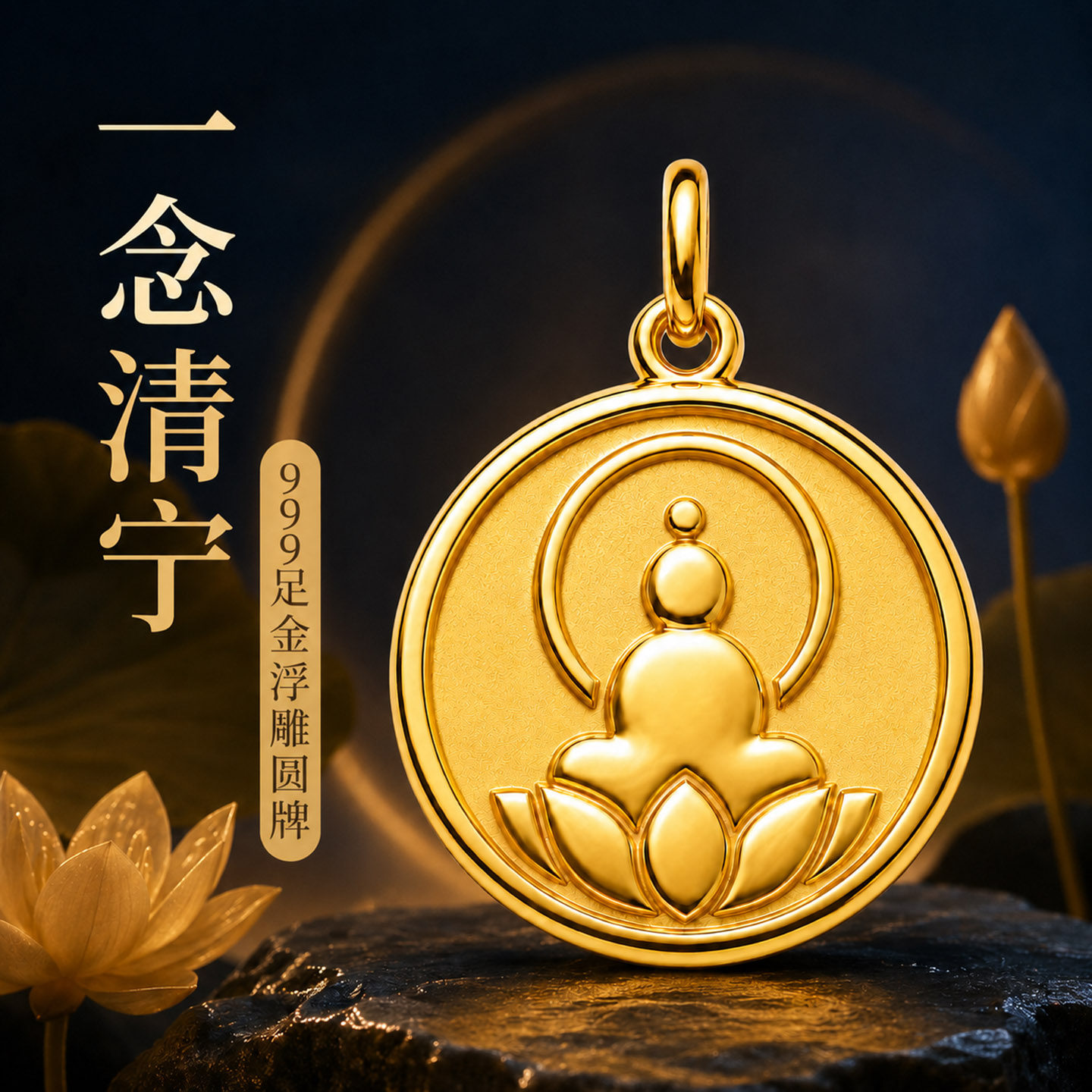 999足金佛祖圆牌禅意吊坠黄金浮雕莲花护身男女简约项链礼物