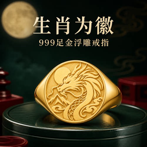 世代守护生肖龙家徽足金浮雕戒指