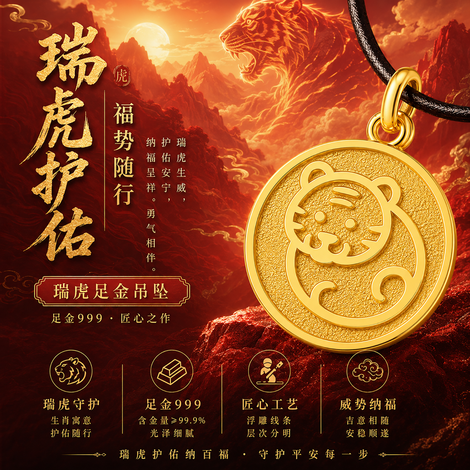 思达意999足金生肖虎圆牌吊坠可爱老虎项链男女宝宝本命年礼物