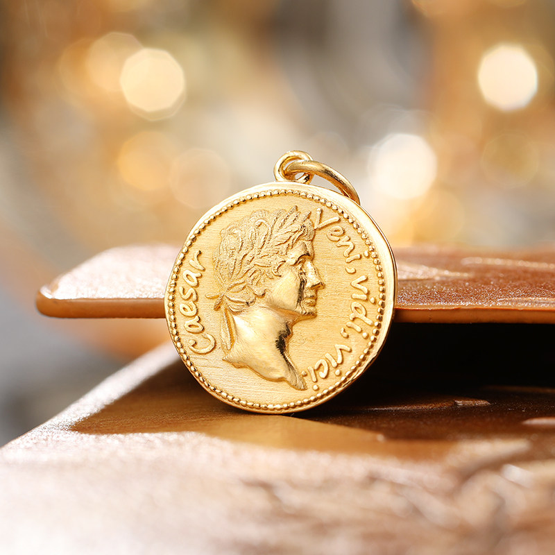我来我见我征服18k黄金吊坠纯足金铂金凯撒大帝复古男士金币项链