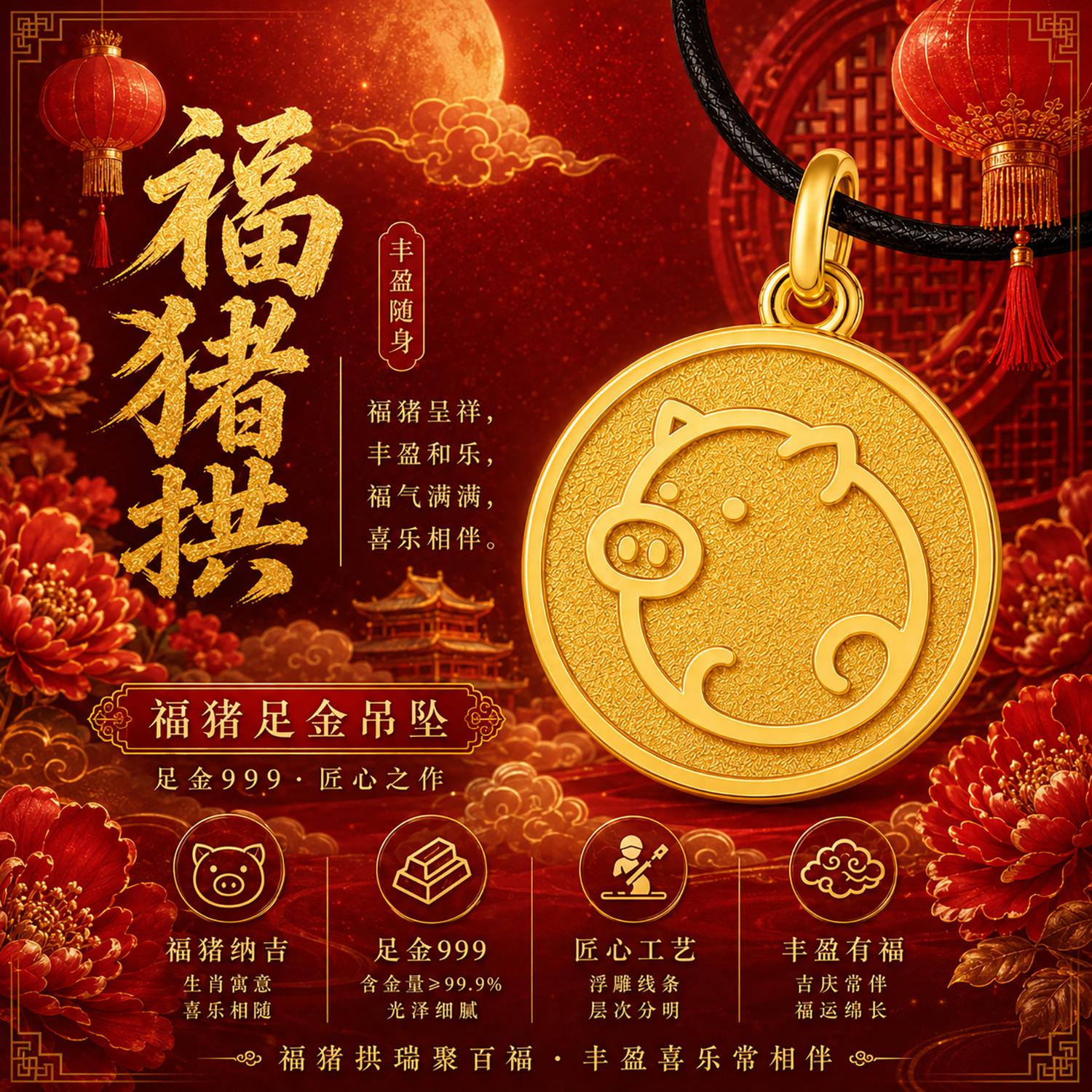 999足金生肖猪萌趣圆牌吊坠黄金项链男女通用 本命年生日守护挂坠