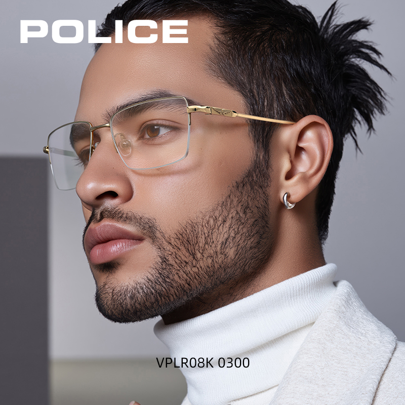 POLICE斯文败类半框近视眼镜架男可配度数散光钛架防蓝光VPLR08K