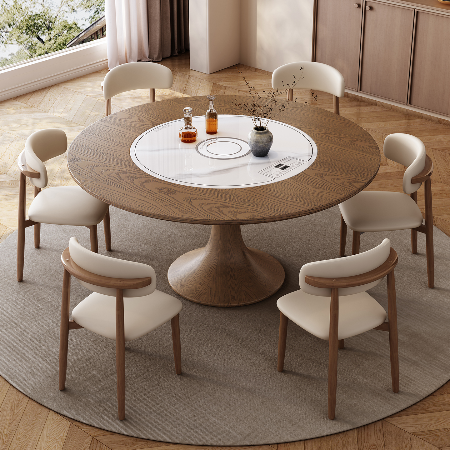 实木圆形餐桌椅组合内嵌式转盘