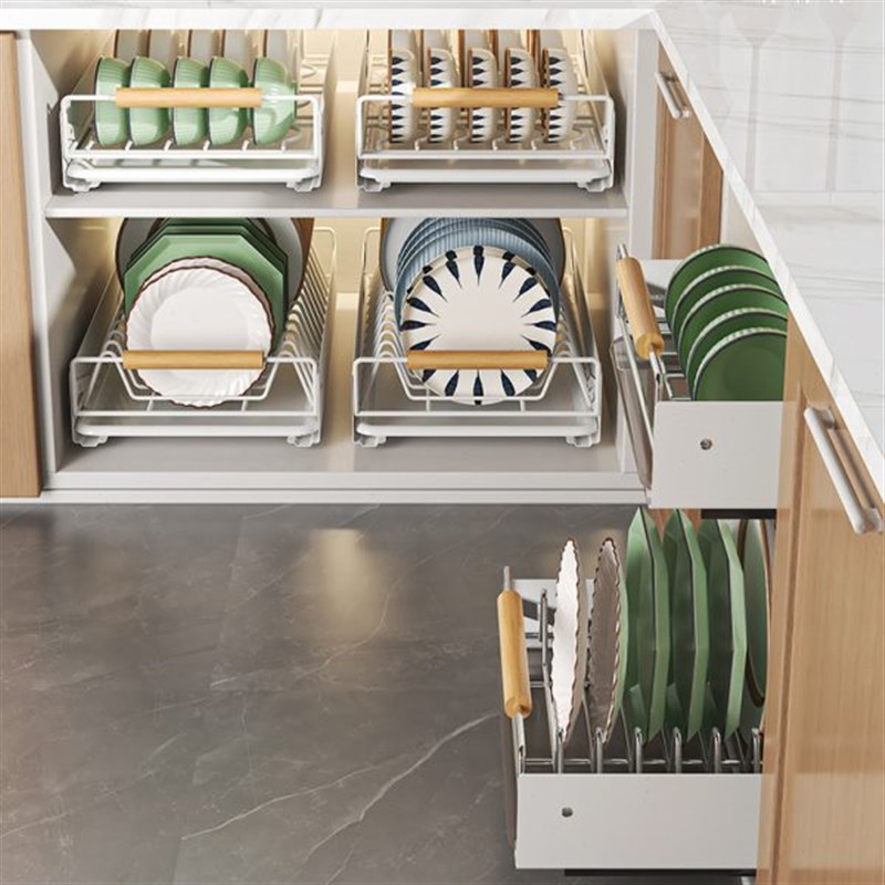 厨房不锈钢碗碟置物架橱柜内分隔沥水碗架抽屉式拉V篮碗盘子收纳