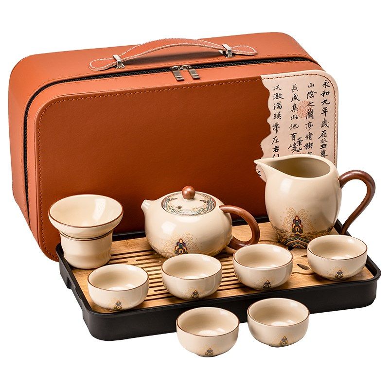 汝窑旅行茶具套装便携式收纳一w壶六杯带盘陶瓷功夫泡茶壶2025新,餐饮具,旅行茶具,淘宝优惠券,粉丝福利购,淘宝优惠卷