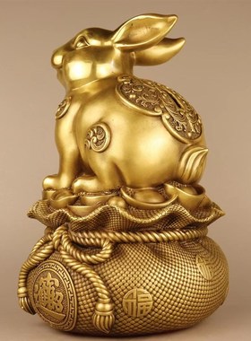纯铜兔子摆件聚j宝盆福袋兔存钱罐双兔送福生肖兔家居装饰工艺品