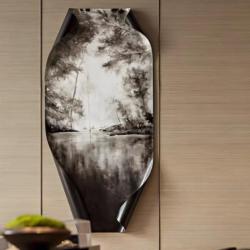 金属卷边3D立体墙饰黑白山水画壁挂装饰画酒店抽象艺术装置画挂画图片