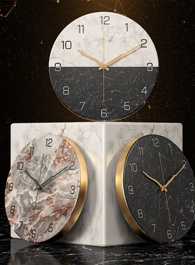 简约大理石纹理金属客厅圆形挂钟墙上艺术装饰品摆件静Z音创意钟