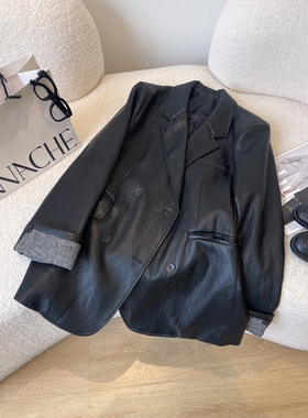 黑色皮衣西装外套女2025秋装新款韩版时尚宽松高级感皮夹克上衣潮